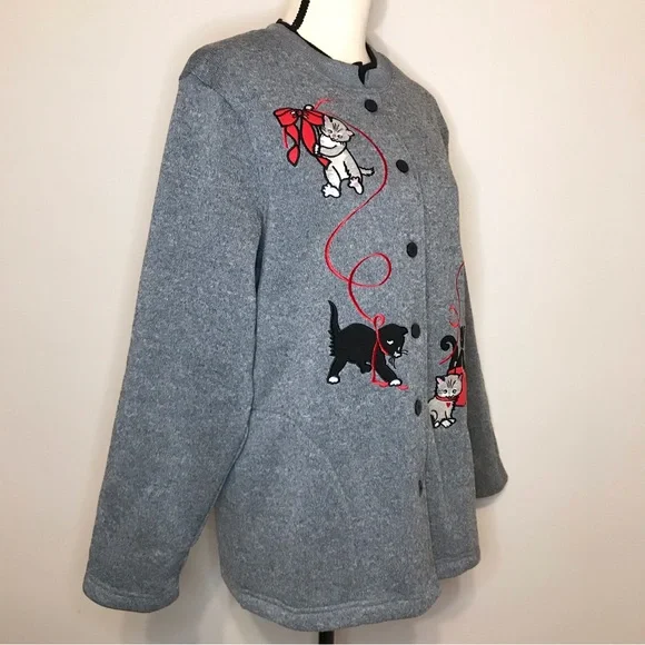 Vintage Holiday Embroidery Kitty Ugly Sweater Christmas Button Festive 90's Y2K - Picture 4 of 16